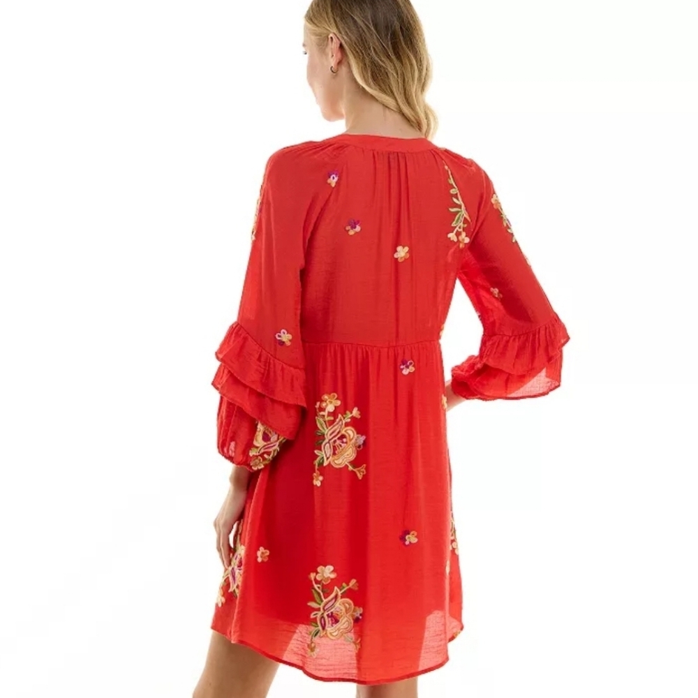 Figueroa & Flower V Neck Embroidered Button Front Dress Sz L #New